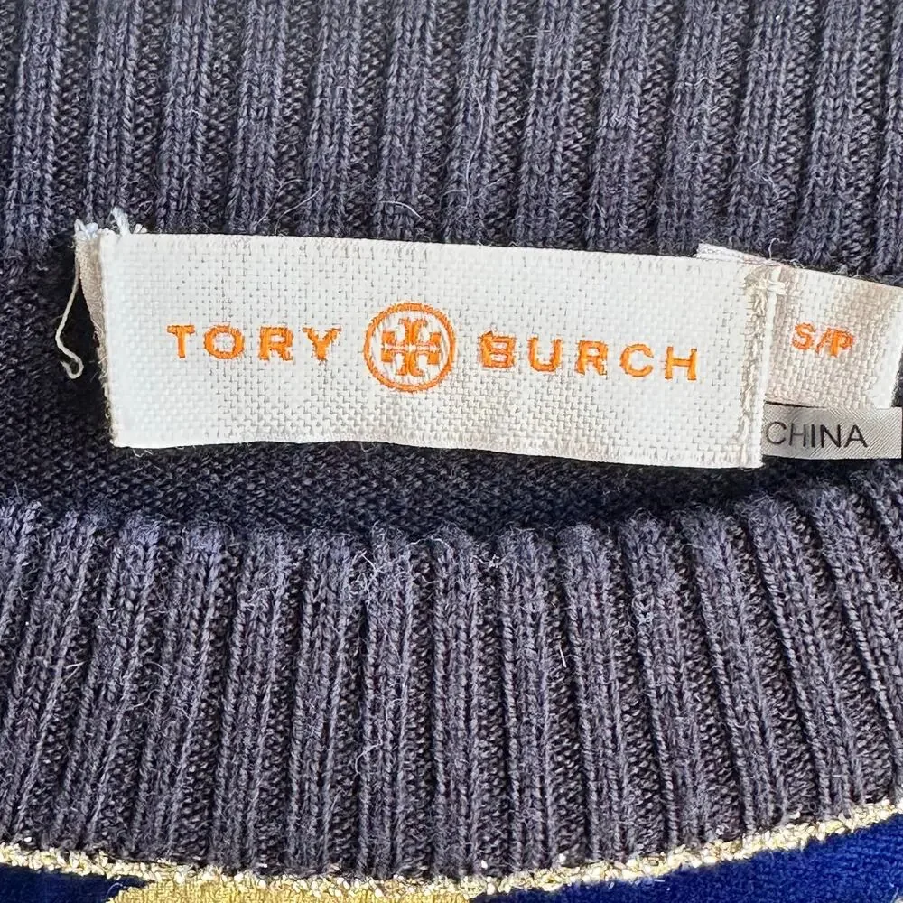 Tory Burch Hollis Metallic Floral Velvet Panel Sweater – Size Small